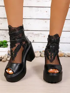 Women's 10cm Comfortable Heeled Sandals, Gothic Sweet Cool Lolita Style, PU Leather Lace Mesh, Party Wedding Music Festival Cosplay Date Shoes