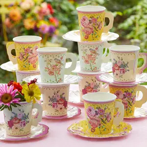 24 x Vintage Floral Paper Tea Cups & Saucer Set, Disposable Tea Cups for Easter, Afternoon Tea Parties, Bridal Shower, Mothers Day, Wedding, Birthday, Birthday Party Decorations 7 oz