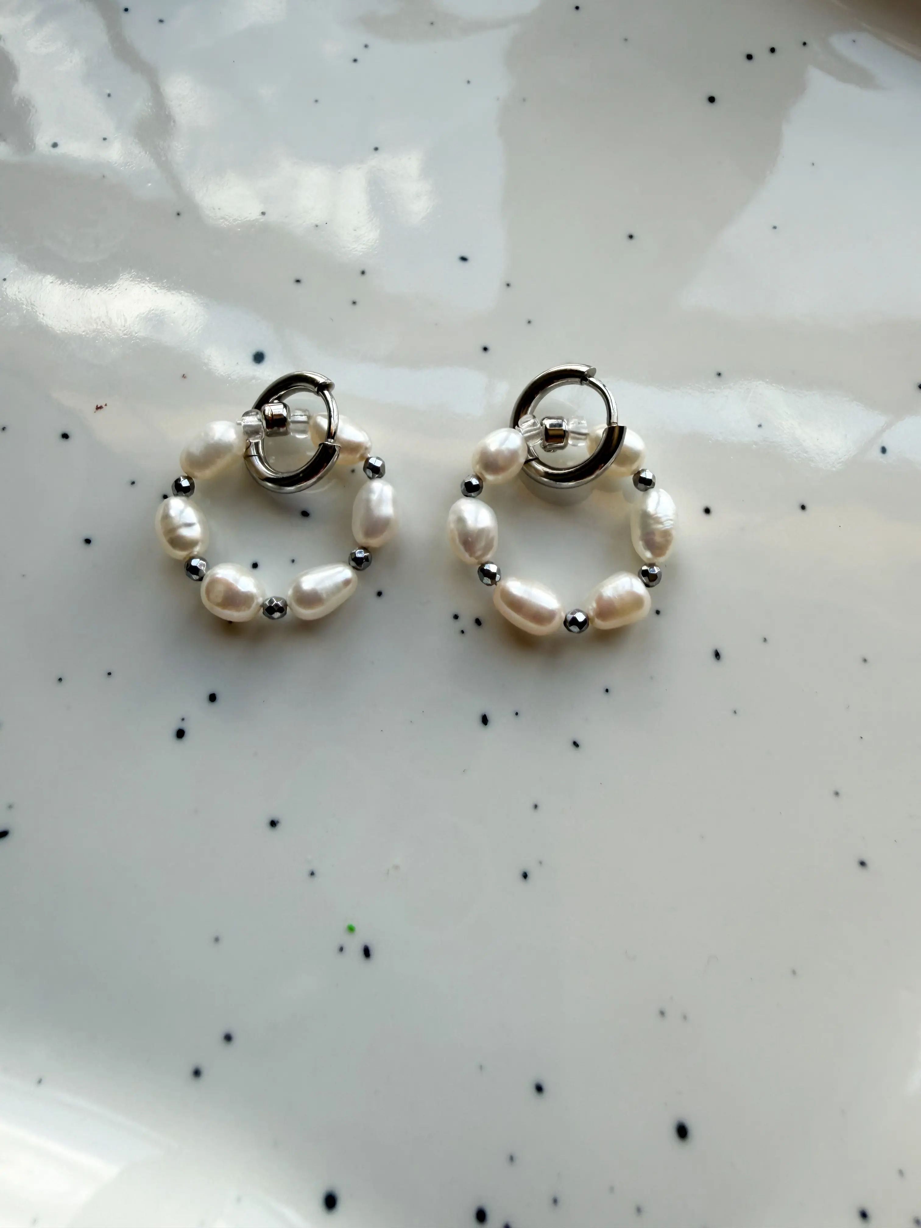 Pearl Hoop Earrings with Hematite Accents | Minimalist Handmade Jewelry