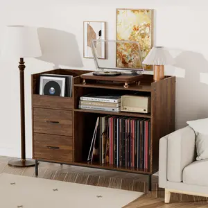Record Player Stand with Storage for 500+ Albums Mid-Century Modern Turntable Shelf & Drawers Sturdy Wood & Metal Audio Console for Living Room Organized Storage & Long-Term Preservation