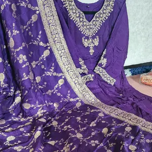 Dark Purple Dola Silk Salwar Set with Hand Embroidery and Banarasi Dupatta