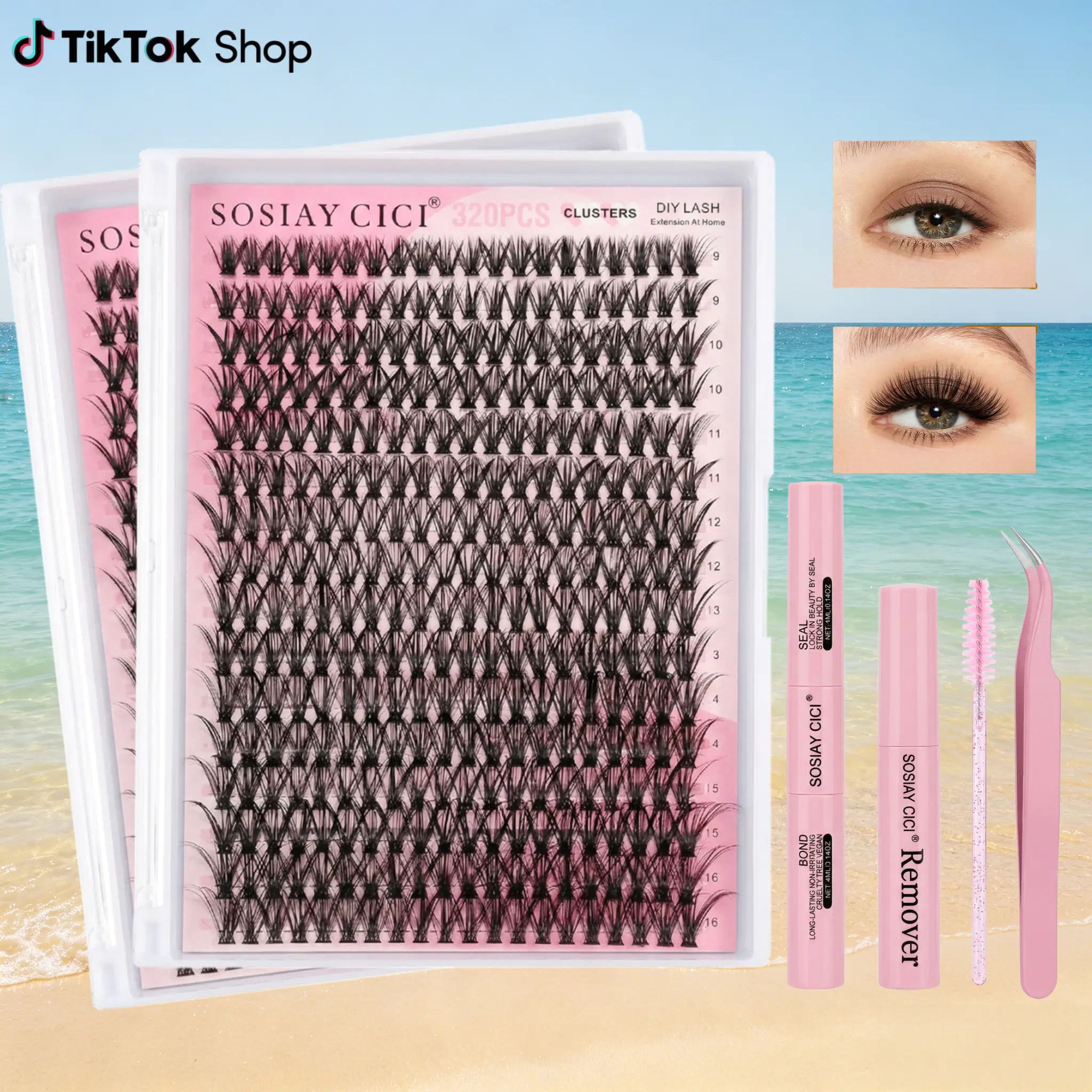320pcs Lash Clusters Kit Natural Lashes Clusters 9-16mm Wispy Eyelash Clusters Kit Fairy Cluster Eyelash Extensions Thin & Invisible Band Lash Extension Kit with Lash Glue and Lash Tweezers, D-Curly