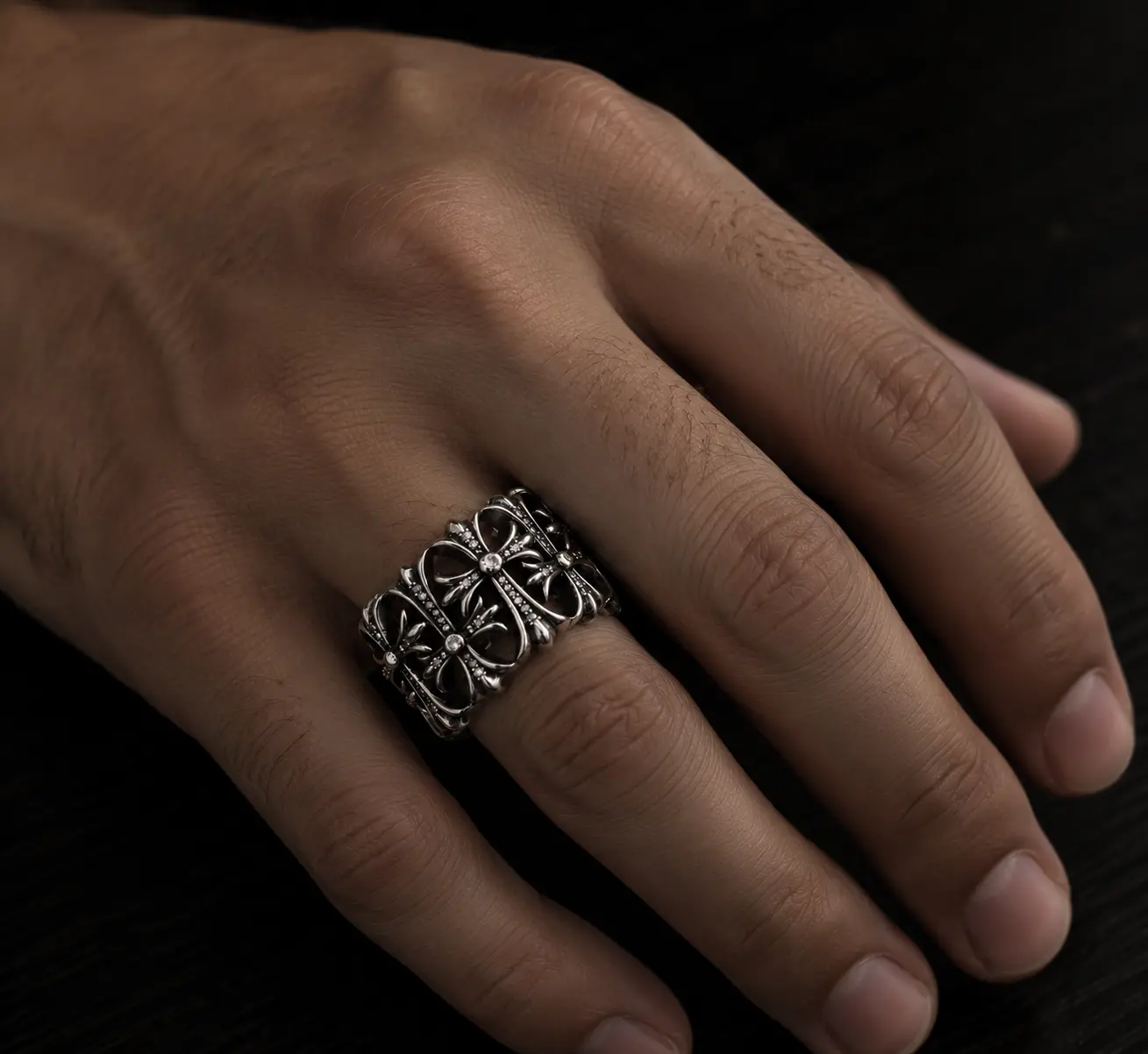 Iced Out Vintage Silver Cross Wide Band Ring