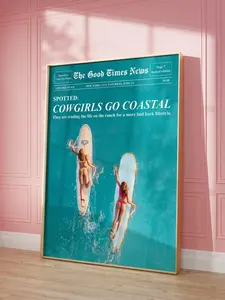 Coastal Cowgirl Surf Print Magazine Cover Wall Art Preppy Coastal Wall Art Surfer Girl Print Trendy Newspaper