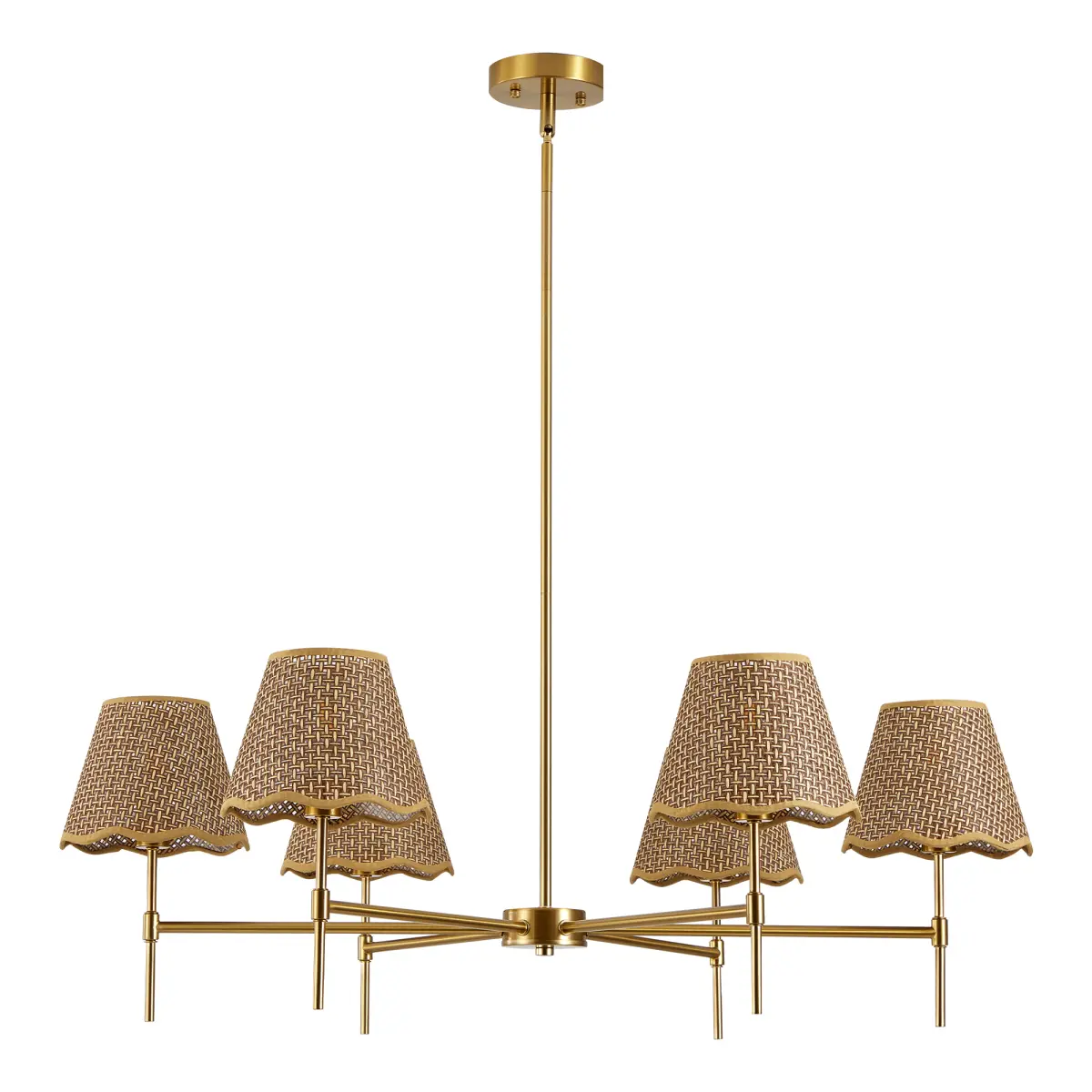 Handmade Boho Natural Rattan Wagon Wheel Chandelier - 37.4in 6-Light E12 Dimmable Indoor Floral-Shaped Handcrafted Pendant Light, Mushroom Flower Shades, Brass-Finished Rod, for Living Room, Bedroom, Floral-Shaped Pendant Lights, Handcrafted Pendant Light