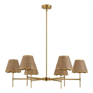 Handmade Boho Natural Rattan Wagon Wheel Chandelier, 37.4" Size, 6-Light E12 Dimmable Light with Mushroom Flower Shades, Brass-Finished Rod, Indoor Lighting for Living Room, Bedroom, Mushroom Shades