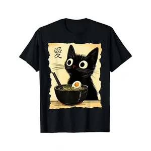 Men's Kawaii Anime Cat & Ramen Graphic T-Shirt - Japanese-Inspired Funny Design, Black Casual Loose Fit Tee, Soft Breathable Fabric, Hand Wash Only, Anime Clothes