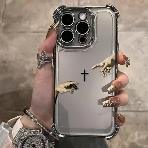 The Hand of Jesus and the Cross fashion airbag plated TPU anti drop phone case suitable for iPhone 17 16 15 14 13 12 11 Pro Max Samsung Galaxy S25 S24 S23 S22 full coverage lens protection shockproof shell