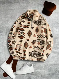 Autumn Winter Ethnic Style Vintage Geometric Print Fleece Top, Half Zip Stand Collar Warm Pullover, Loose Casual Daily Wear Jacket
