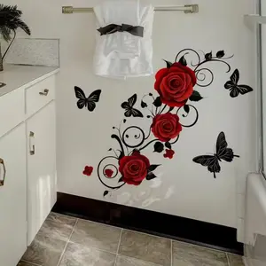 Rose and Butterfly Pattern Wall Sticker, Floral Pattern Sticker, Self-Adhesive Decorative Decal, Home Living Room Bedroom Decoration, 1 Sheet