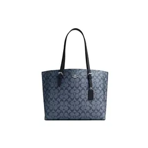 COACH Mollie Classic Monogram Logo Zip Tote Bag for Women, PVC and Leather, Midnight Navy Blue