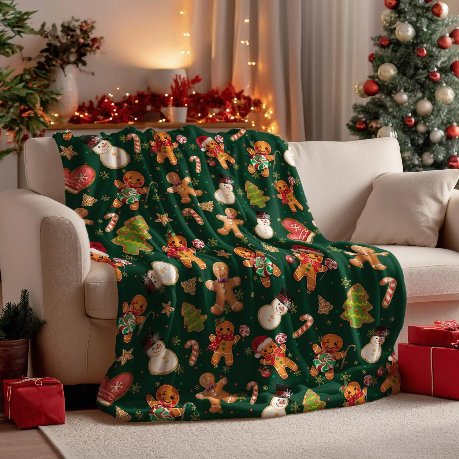 Horaldaily Traditional Flannel Fabric Christmas Throw Blanket, Green Geometric Design with Gingerbread Man & Bear Motifs, Wrinkle-Resistant, Fade-Resistant, Durable Soft Fuzzy Fleece, 50x60 in for Couch, Ideal Gift for Wife, Machine Washable