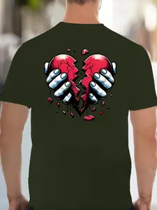 Creative Trendy Men's Broken Heart Print Short Sleeve T-Shirt, Casual Fitted H-Type Top, Geometric Pattern, No Collar, Without Zipper