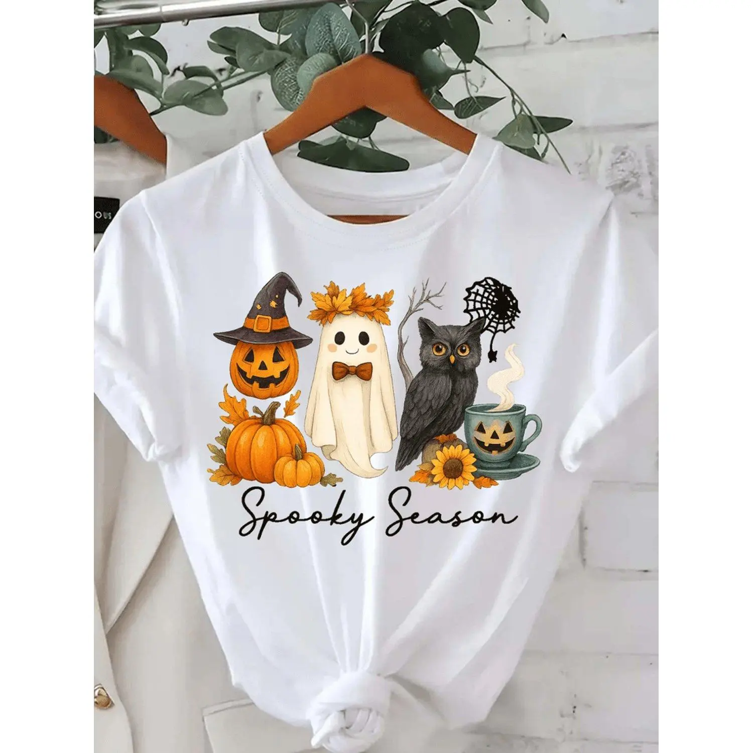 Halloween Spooky Season Graphic Tee with Ghosts Pumpkin Witch Hat White Crew Neck Casual Top for Halloween Party Outfits and Everyday Fall Wear Machine Washable Costume Party Shirt Halloween Clothes Festive Tee Top