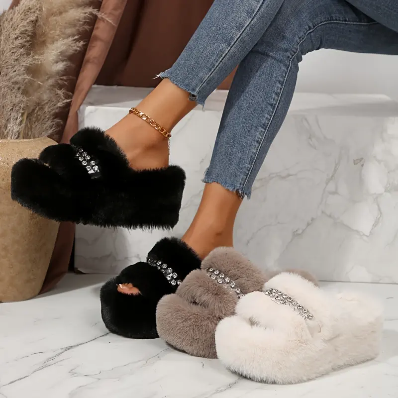 Women's Casual Faux Fur Slide Slippers - Plush Open-Toe Shoe with Sparkle Accents, Platform Wedge Heel Footwear, Slip On, Fabric, Hand Wash, Rubber Sole, All Seasons, Casual Wear, Open-Toe Slip