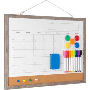 Dry Erase Calendar Whiteboard, 17" x 13"  Whiteboard Cork Board Combo,  Monthly Planner with 8 Markers, Eraser,  and Push Pins to Hang Dry Erase Board for Home, School - Gray