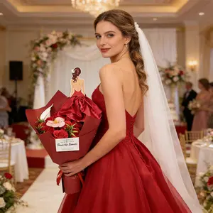 Bridal Wedding Bouquet with Bride Figurine, Artificial Red Rose Flower Bouquet, Romantic Wedding Photo Prop, Bridal Shower Gift, Wedding Ceremony Decoration, Elegant Bridal Hand Bouquet for Bride