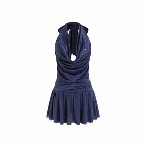 Cider Mesh Halter Neckline Bowknot Skater Mini Dress With Rhinestone Dots