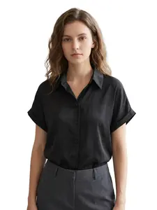 Women's Satin Button Shirt, Rolled Sleeve Short Stand Collar Top, Elegant Loose Fit Casual Workwear, Office, Business, Commute, Daily Wear