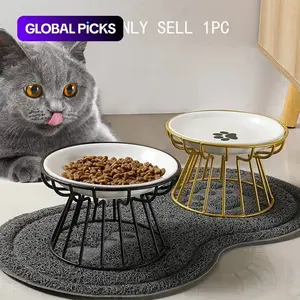 Elevated cat bowl. Ceramic pet bowl with fish bone pattern and iron stand. Pet feeding supplies, suitable for both cats and dogs.