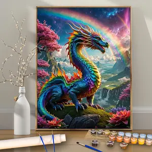 1PCS Chinese Dragon Under the Rainbow DIY Paint by Numbers Kit 16x20 Inch Unframed Acrylic Coloring for Beginners Auspicious Dreamy Guofeng Healing Style Living Room Guofeng-themed Wall Art Painting, Study Cultural Corner+  Parent-child Cultural Gift