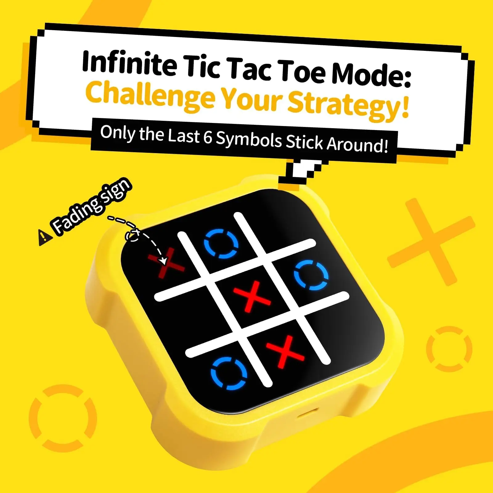 3-in-1 Electronic Handheld Tic Tac Toe Game Console, Yellow, Road Trip Activity Toy, Gift for Kids