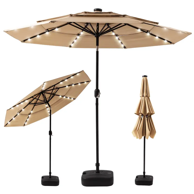 10FT 3-Tier Solar LED Lights Patio Umbrella, Large Outdoor Umbrella with 8  Ribs, Outside Market Umbrella Sun Shade for Yard, Patio - TikTok Shop