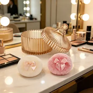 Body Powder Puff & Glass Jar Set, 4" Large Dusting Powder Container with 2 Fluffy Puffs, Multi-Purpose Storage Dish for Home, Bathroom, Bedroom