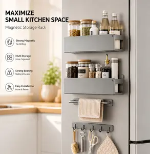 Magnetic Fridge Organizer Rack - No Drill Kitchen Storage Shelf with Towel Bar & Hooks