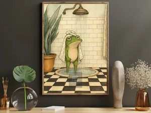 Shower Frog Canvas Print, Funny Bathroom Amphibian Poster, Quirky Frog Art Wall Art Decor