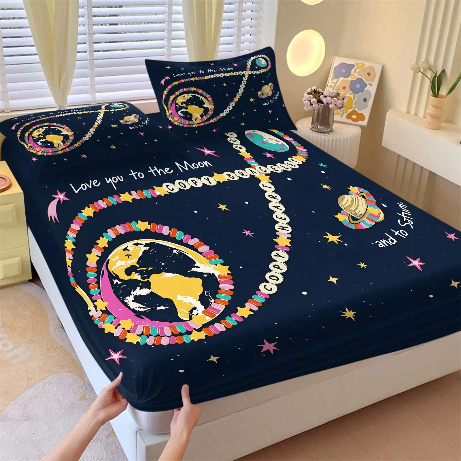 Romantic Universe Beaded Love Letter Bed Sheet Set, Includes 2 Pillowcases, Non-Slip Mattress Protector, Durable and Comfortable, Must-have for Long-distance Couples, Love-expression Room Decor