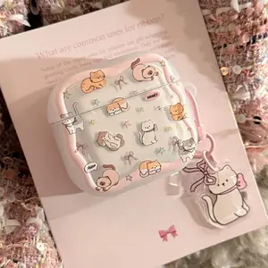 Cute Cartoon Kitten Cat Wavy Earphone Case For Airpods 4 2 3 1 Pro 3 2 Wireless Bluetooth Headset Protective Cover With Pendant