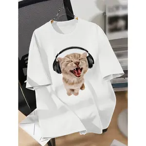 Women'S Funny Cat with Headphones T-Shirt, Casual Crew Neck Short Sleeve Tee, Summer Knit Fabric Top, , Regular Length, Animal Print Design