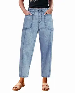 luvamia Barrel Jeans Women Trendy High Waisted Pull On Drawstring Elastic Waist Stretchy Denim Baggy Pants with Pocket Bottom