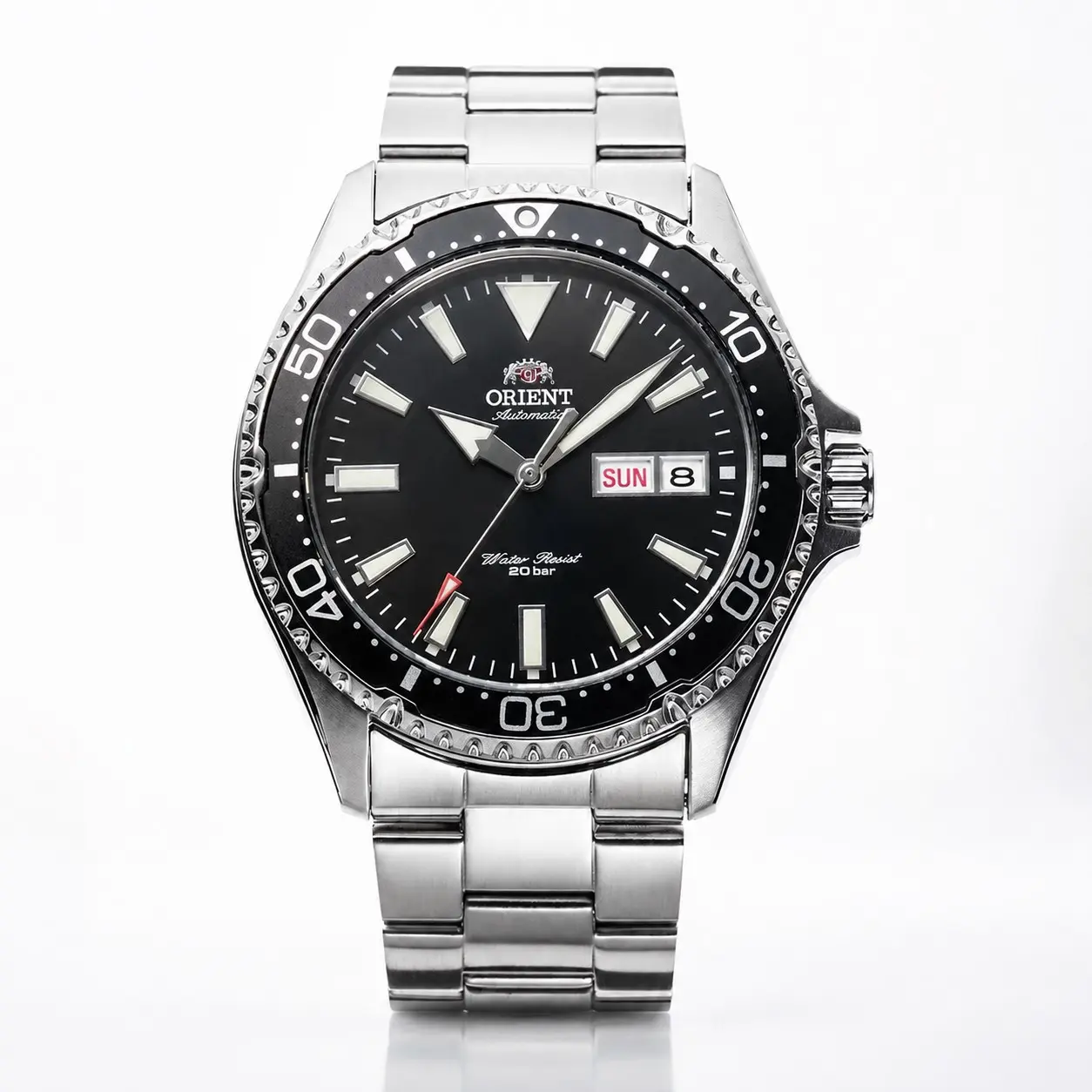 Orient Kamasu Men Automatic Diver Watch, 200M Waterproof, Unidirectional Rotating Bezel, Luminous Hour Markers, Day & Date Display, Stainless Steel Bracelet, Sport Mechanical Diving Wristwatch, Multiple Dial Color Options