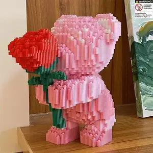 000pcs Building Block Rose Bear, Romantic Bear Holding Roses, Perfect Gift for Couples and Parents, High Difficulty Assembly