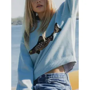 Womens Long Sleeve Sweater Cute Fish Graphic Crew Neck Knit Tops Casual Fall Pullover Knitwear Loose Crop Shirt For Going Out Streetwear fall sweaters sweaterswomen