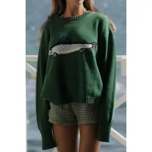 Women Knit Sweater Long Sleeve Crew Neck Fish Pullover Warm Sweater for Fall Winter
