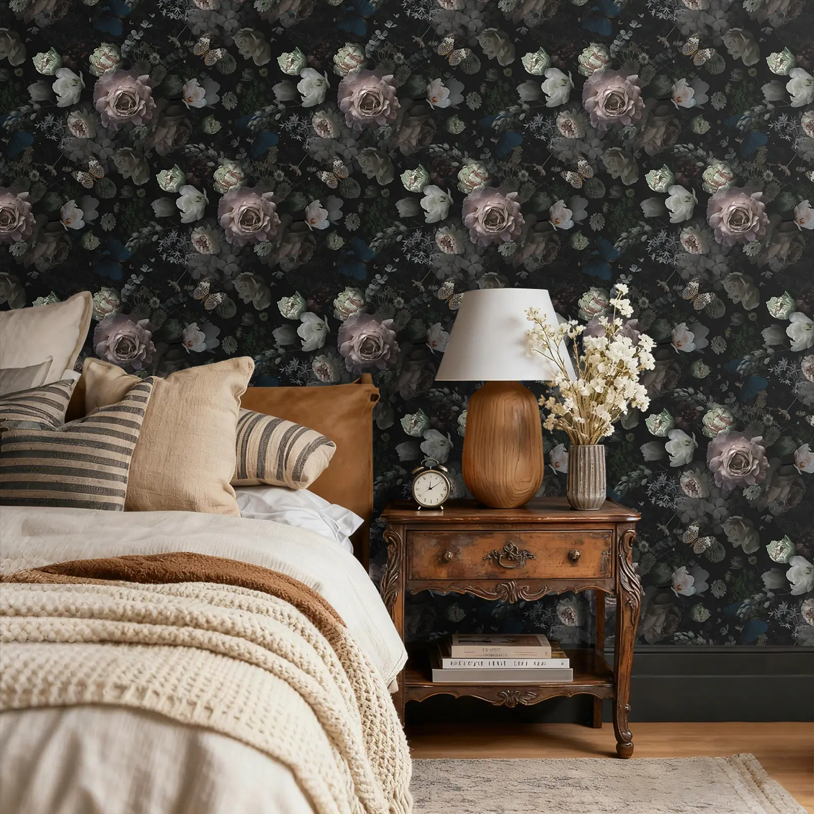 VEELIKE Antique Butterflies Floral Peel and Stick Wallpaper Moody Dark Floral Wallpaper for Accent Wall Bedroom Bathroom 17.7''x118'' Removable Self Adhesive Floral Contact Paper for Cabinets Walls