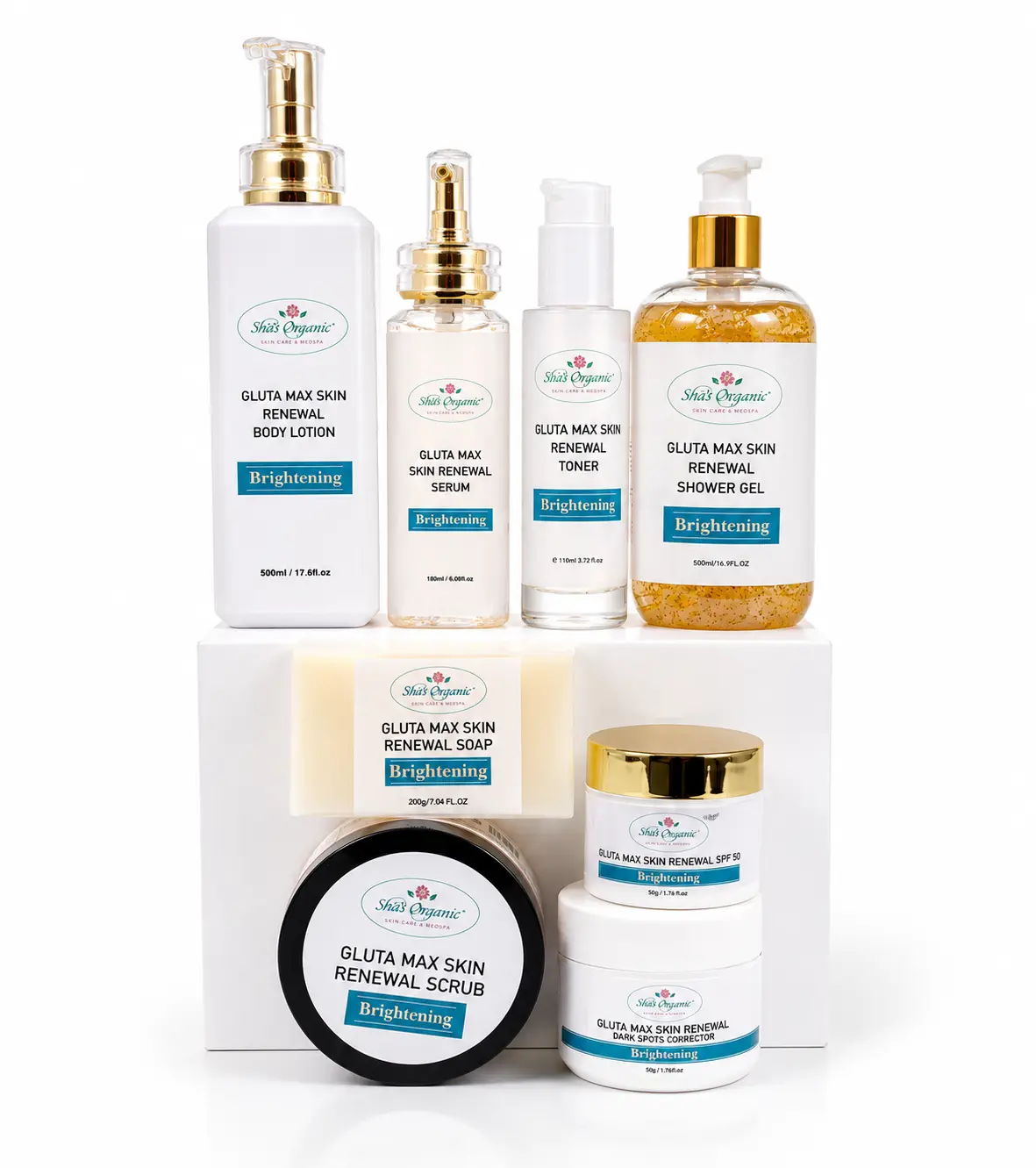 Sha's Organic Skincare New Gluta Max Organic Skin Renewal Pack - Glow-Boosting Kit with Dark Spot Remedy Soap, Hydrating Repair Serum, Moisturizer, Vitamin C Radiant Support, Hyperpigmentation Treatment for Women's Self-Care Gifts, Hydrate Soft Skin, Loti