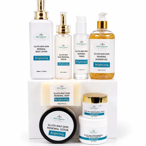 Sha's Organic Skincare New Gluta Max Organic Skin Renewal Pack - Unisex US Adults Brightening Skincare Kit with Dark Spot Soap, Repair Serum, Vitamin C, Solid Lotion, Hyperpigmentation Treatment, 24 Months Shelf Life, Nourishing Self-Care Gift