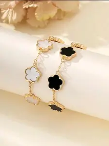 Unique 18K Gold Four Leaf Clover Bracelet for Women White Black Lucky Link Clover Bracelets Set, Trendy Bracelets Set Jewelry Gifts for Women