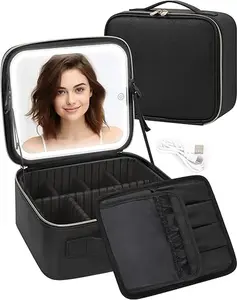 Makeup Bag With LED Mirror, Travel Makeup Case with Light up Mirror Large Cosmetic Case with 3 Color Lighted Organizer Bag with Adjustable Dividers(Black)