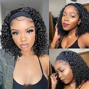 ONECHULY Hair deep and body Headband Wig Human Hair  None Lace Front Wigs Brazilian Virgin Hair Machine Made Wigs Glueless Deep Curly Wave Headband Half Wigs for Black Women Human Hair Natural Color