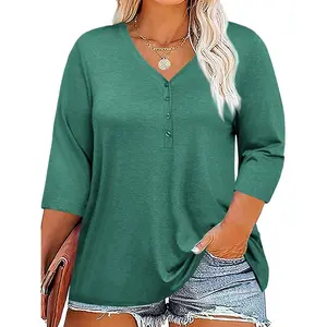 【L-5XL】 Imily Bela Curve Womens Plus Size Tops V Neck 3/4 Sleeve Casual T-Shirts Loose Basic Tunic Tees Summer Vneck Minimalist Streetwear