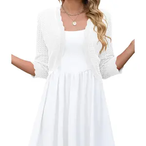 Women's 3/4 Sleeve Cropped Cardigan Knit Sweaters Trendy Open Front Bolero Shrugs for Dresses S-XXL