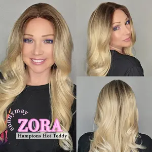 Sunnymay 24-inch bestselling wavy human hair wig for women, synthetic lace front wig, ZORA (Connie) “Hamptons Hot Toddy,” 13×0.5 lace, glueless design, 120% density, golden curls, no glue needed, deep waves, headband wear, chocolate brown, fashionable.