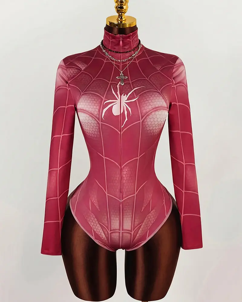 Women'S Long Sleeve High Neck Spider Print Jumpsuit, Dark Fashion Style Women'S Jumpsuit Halloween Jumpsuit Spider Web Jumpsuit