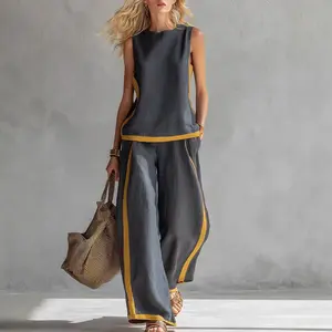 Summer Outfits for Women 2026 Color Block 2 Piece Linen Sets Sleeveless Tank Top Wide Leg Pants Beach Vacation Outfit