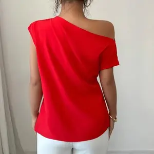 Women's Ruched Asymmetric Neck Red Blouse, Minimalist And Fashionable For Casual/Daily Wear